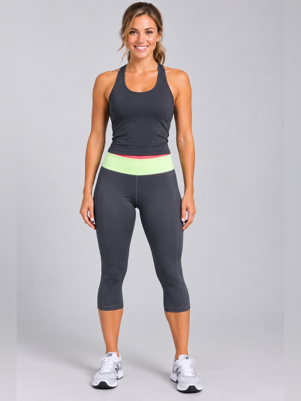 New Balance Women’s Capri Leggings Gray Green Pink Colorblock Yoga Running Sz S
